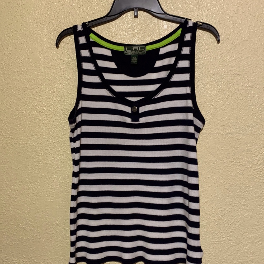 Ralph Lauren Active Tank Top Blouse White Navy Stripes Size M Pullover Stretchy